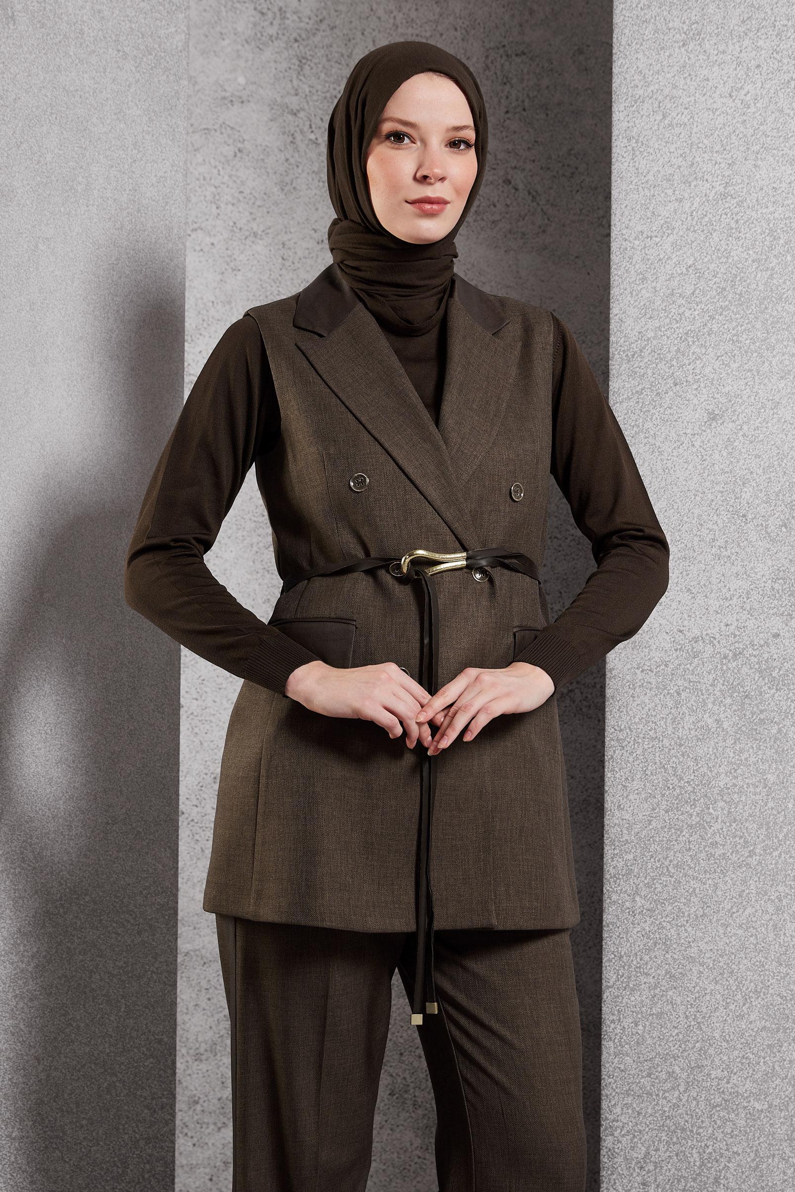 Tesettür giyim KAHVE YELEKLİ PANTOLONLU TAKIM 45089