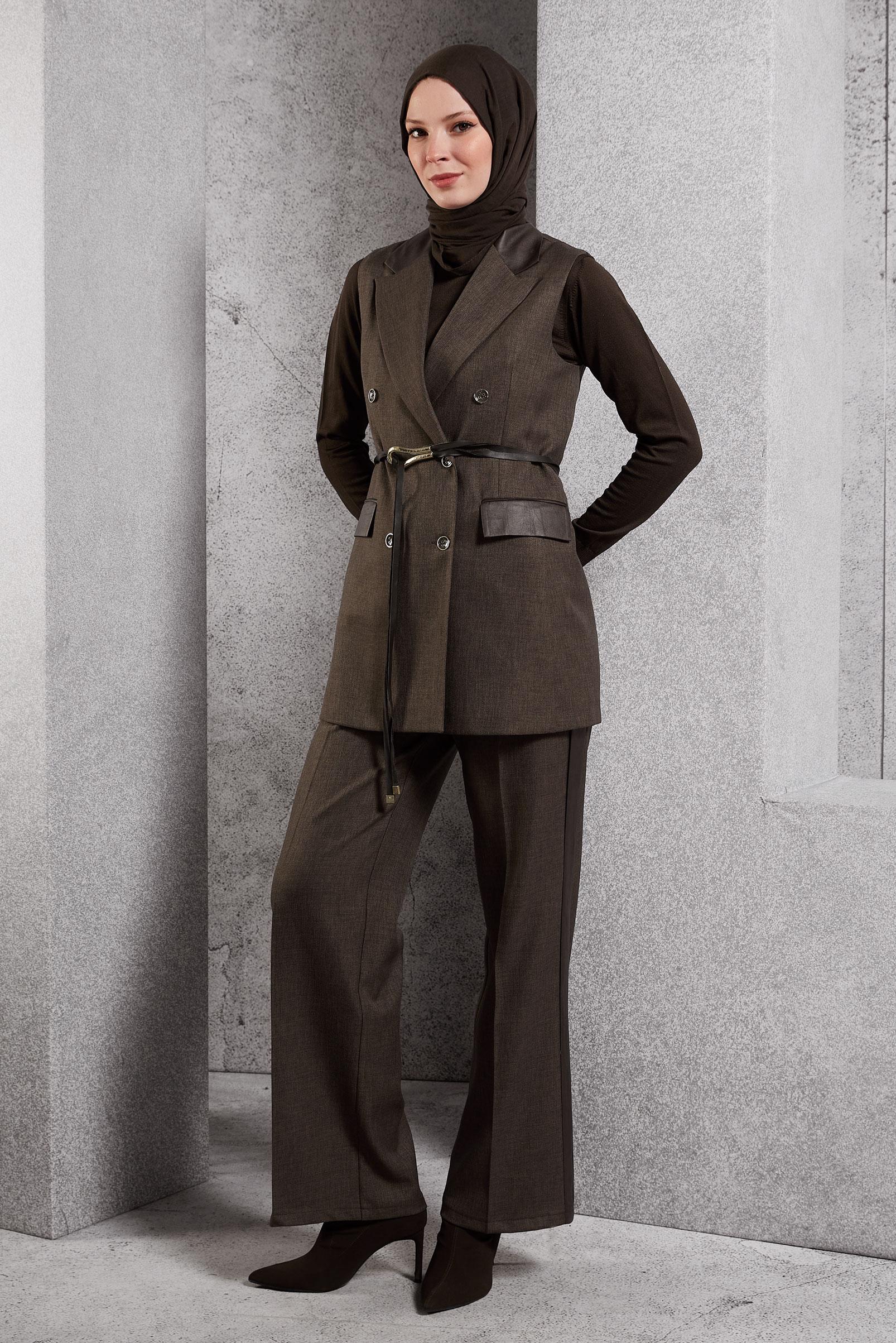 Tesettür giyim KAHVE YELEKLİ PANTOLONLU TAKIM 45089