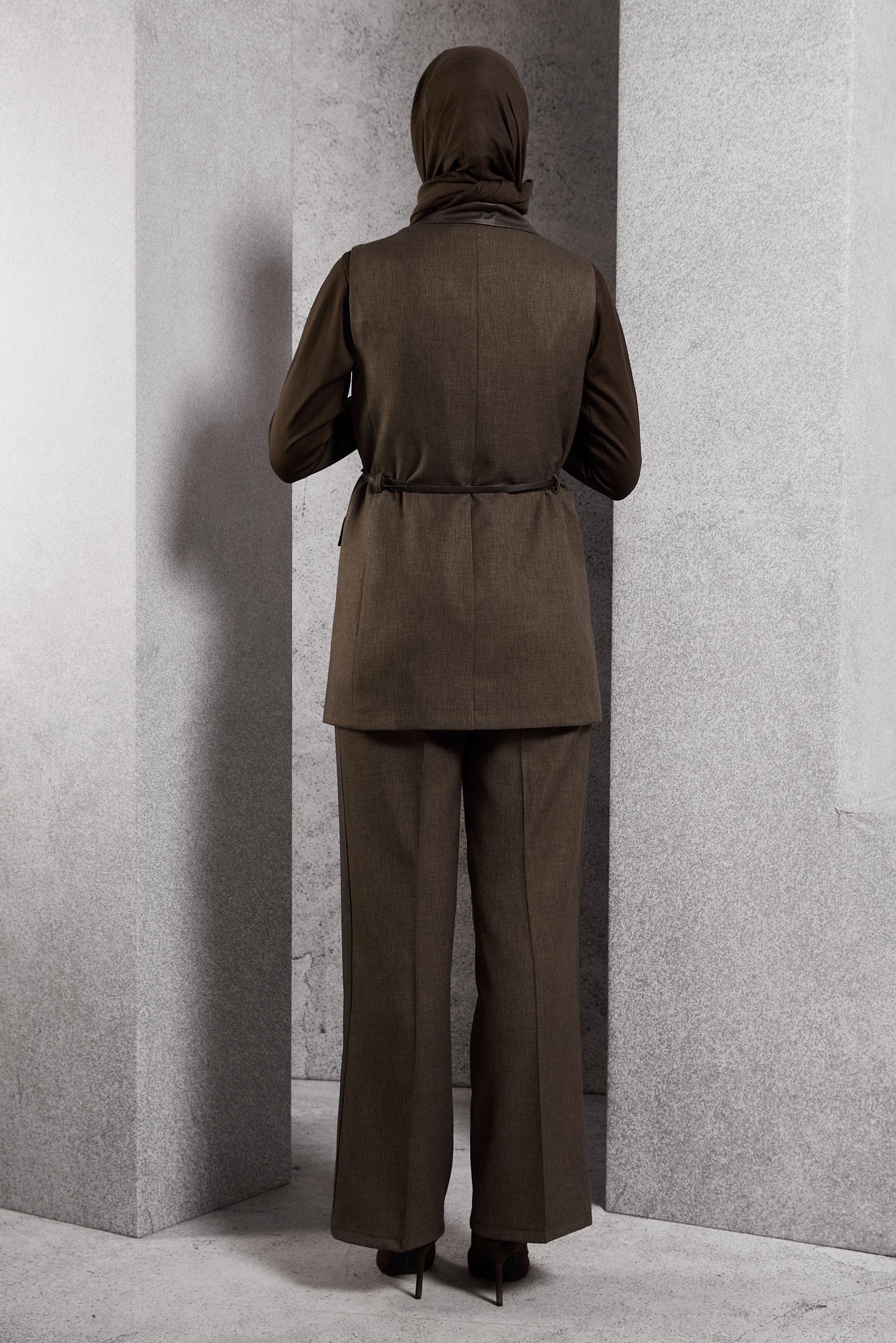 Tesettür giyim KAHVE YELEKLİ PANTOLONLU TAKIM 45089