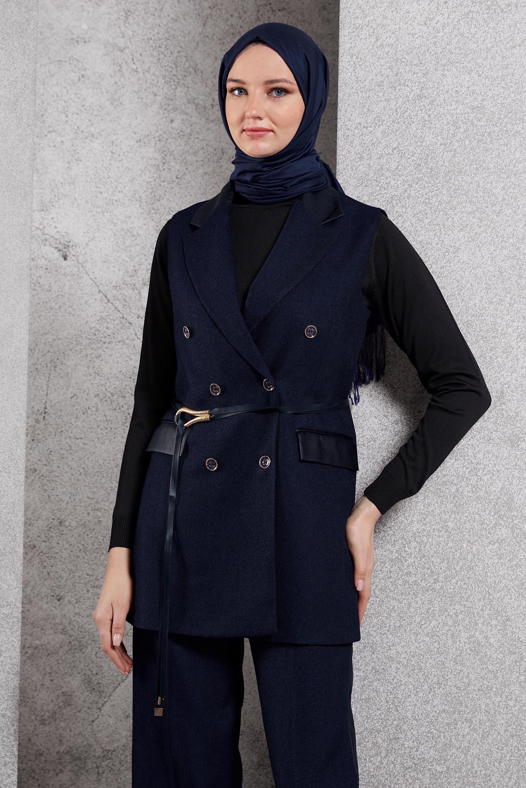 Tesettür giyim LACİVERT YELEKLİ PANTOLONLU TAKIM 45089