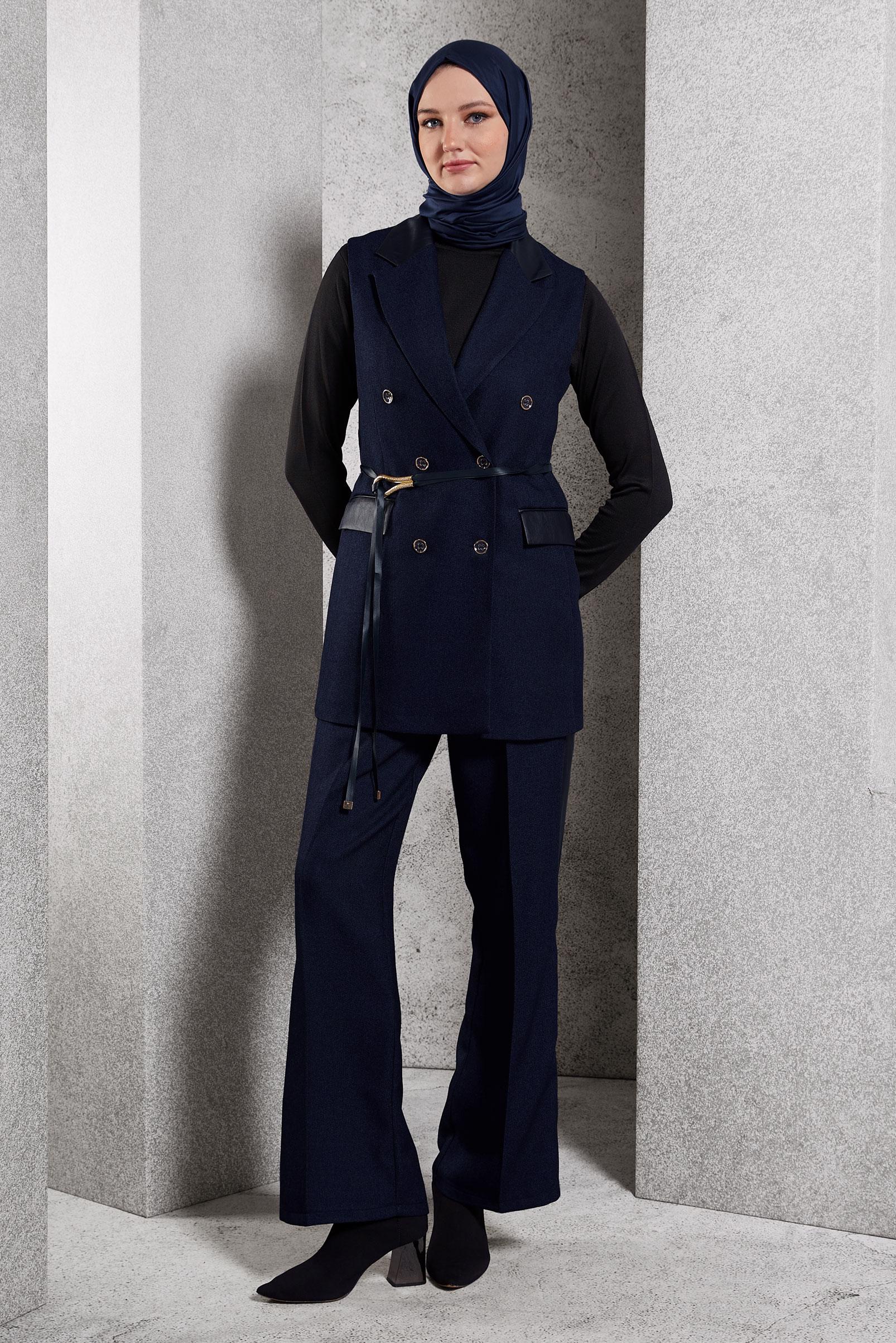 Tesettür giyim LACİVERT YELEKLİ PANTOLONLU TAKIM 45089