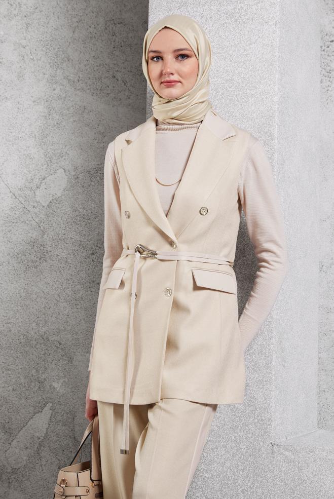 Tesettür giyim EKRU YELEKLİ PANTOLONLU TAKIM 45089 - ALVİNA
