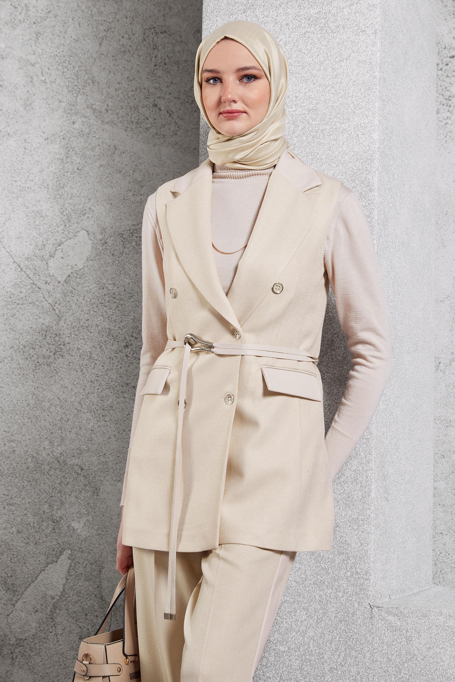 Tesettür giyim EKRU YELEKLİ PANTOLONLU TAKIM 45089
