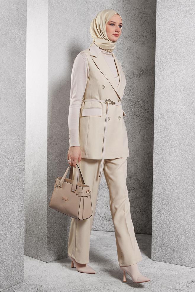 Tesettür giyim EKRU YELEKLİ PANTOLONLU TAKIM 45089 - ALVİNA