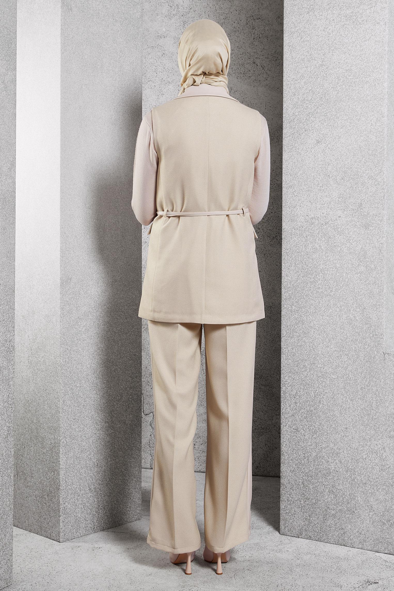 Tesettür giyim EKRU YELEKLİ PANTOLONLU TAKIM 45089