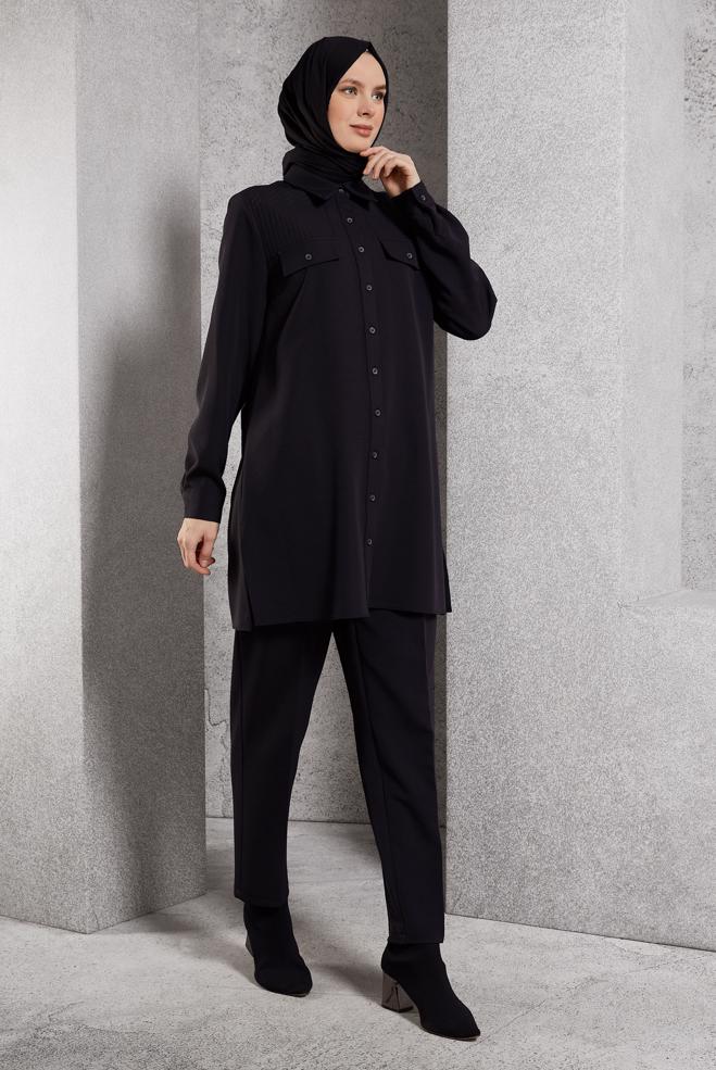 Tesettür giyim SİYAH GÖMLEK YAKA PANTOLONLU TAKIM 45117 - ALVİNA