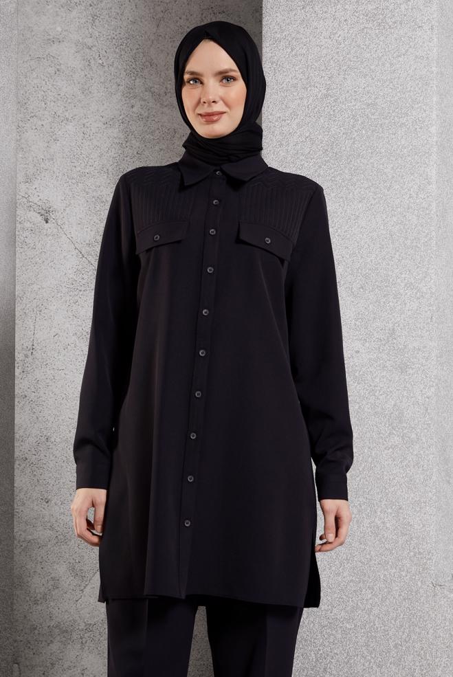 Tesettür giyim SİYAH GÖMLEK YAKA PANTOLONLU TAKIM 45117 - ALVİNA
