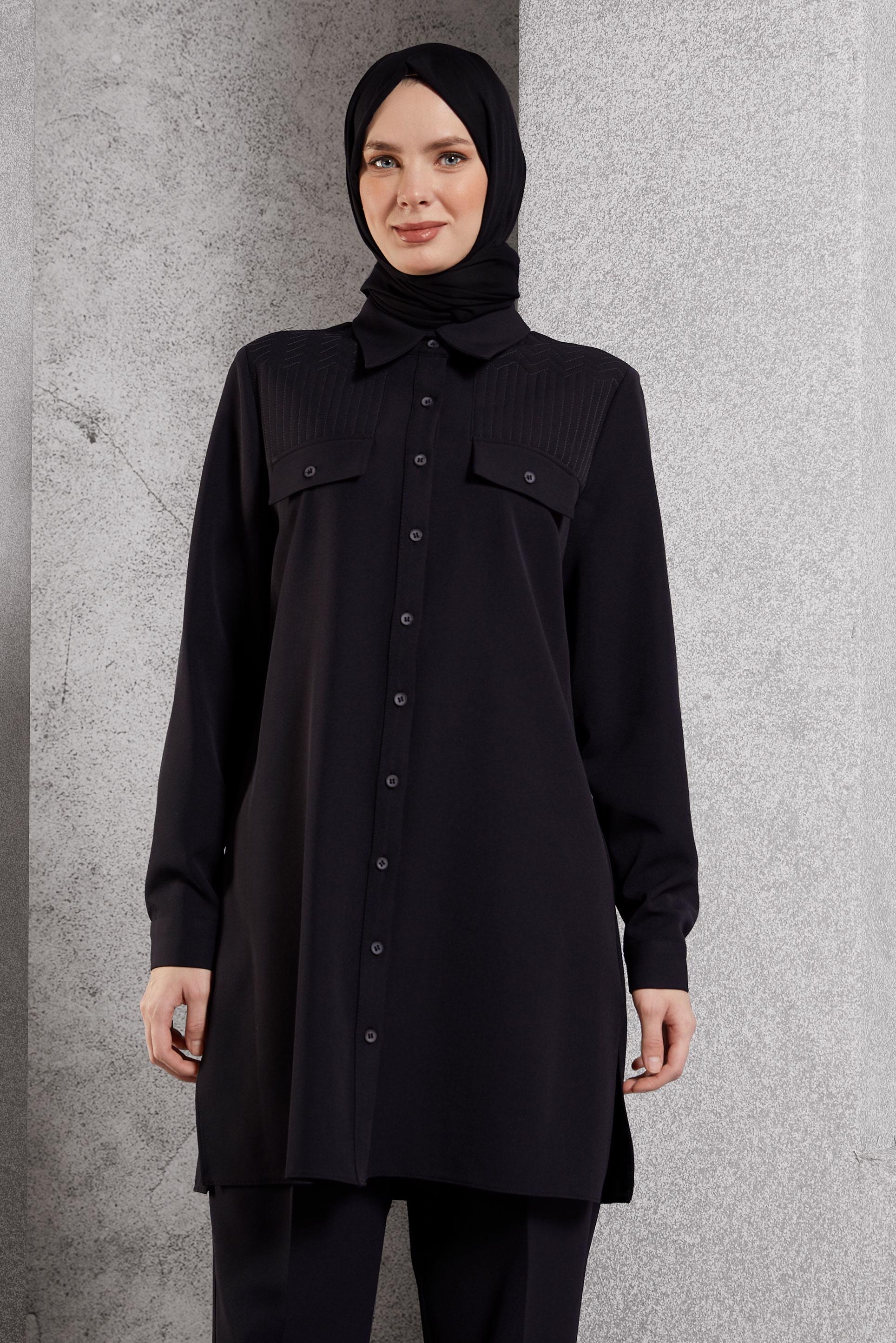 Tesettür giyim SİYAH GÖMLEK YAKA PANTOLONLU TAKIM 45117