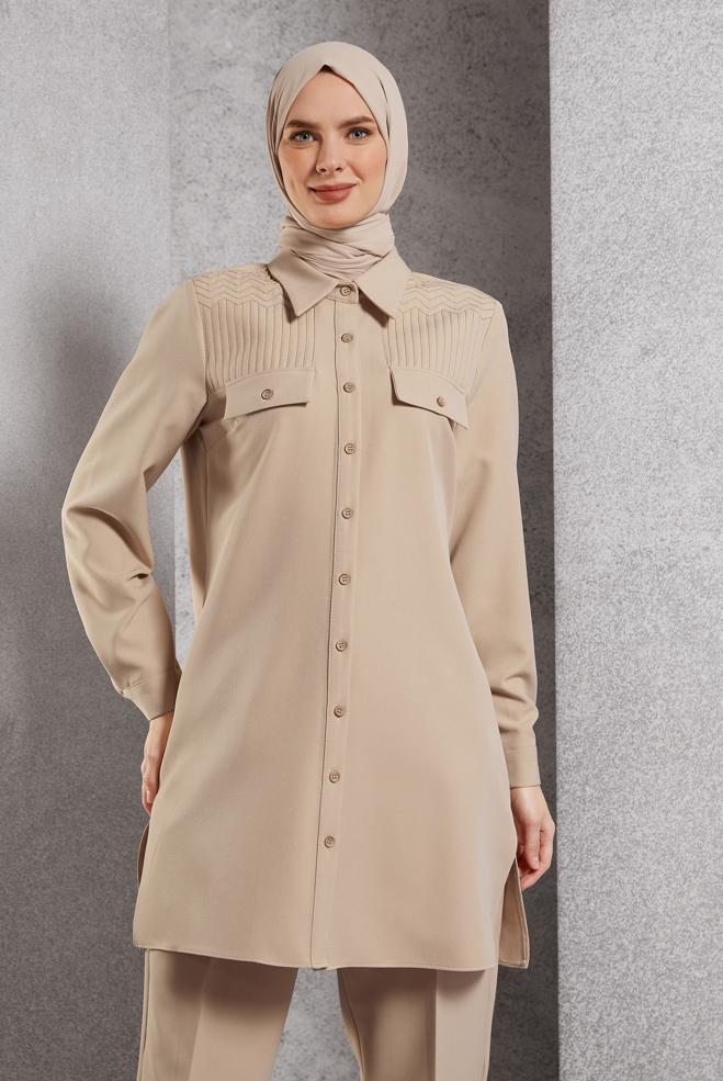 Vêtements hijab BEIGE COSTUME PANTALON COL CHEMISE 45117 - ALVİNA