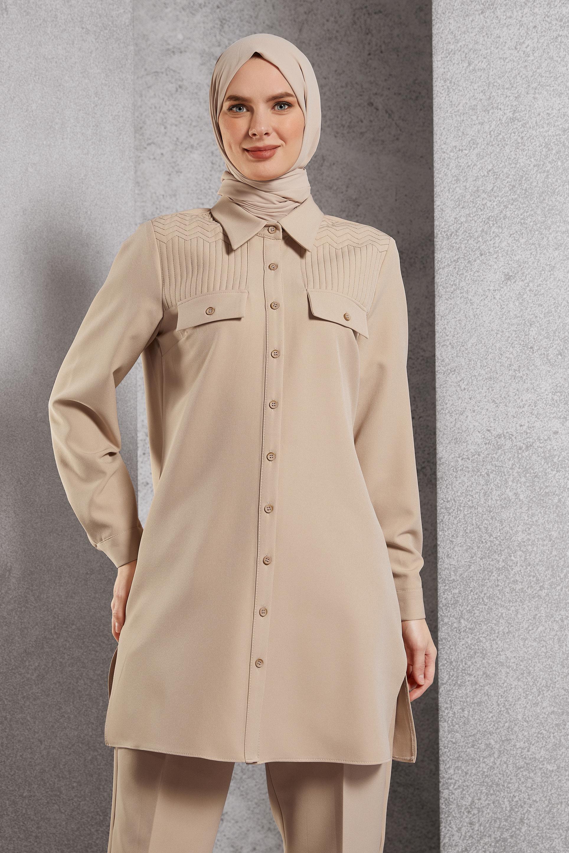 Vêtements hijab BEIGE COSTUME PANTALON COL CHEMISE 45117