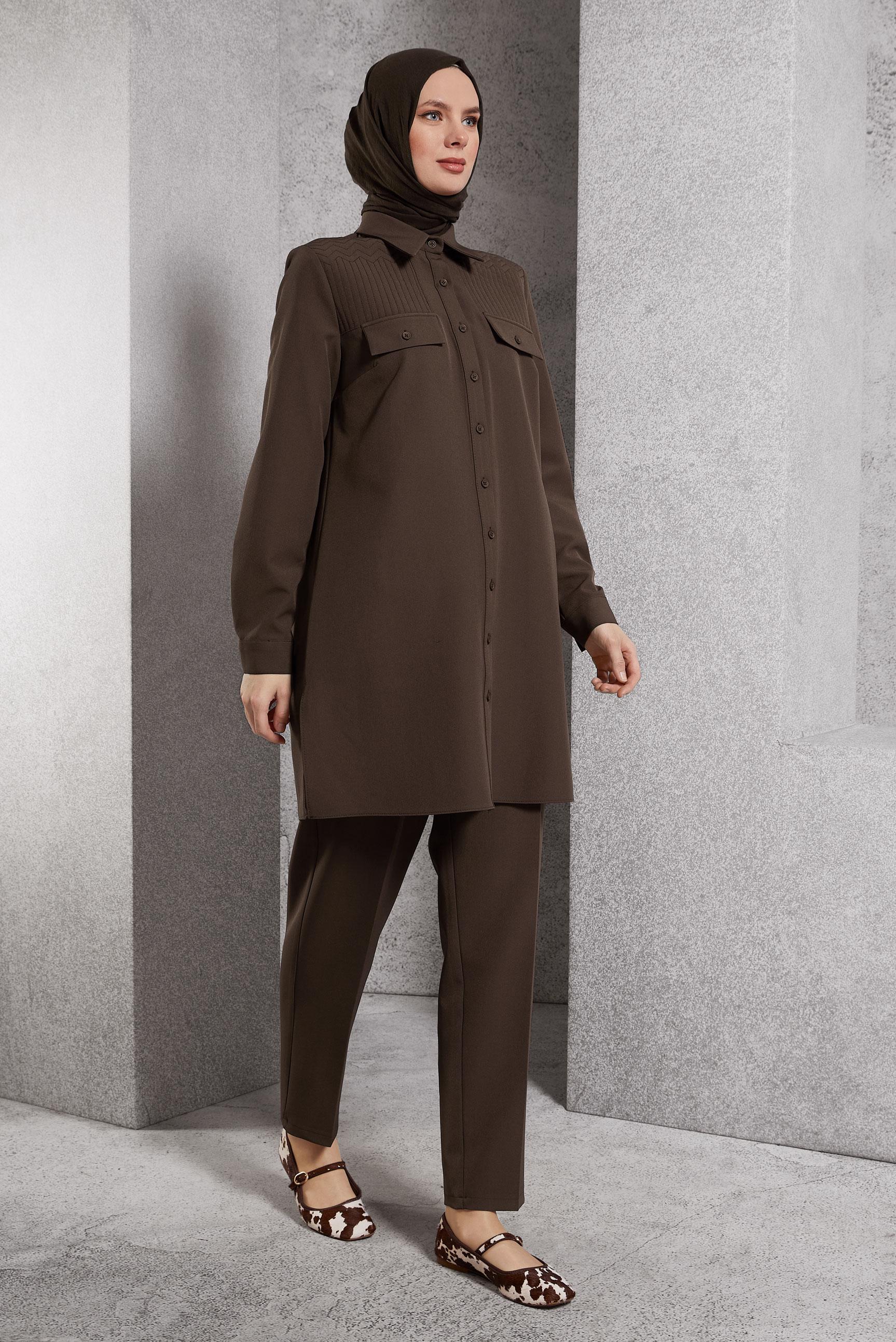 Vêtements hijab BRUN COSTUME PANTALON COL CHEMISE 45117