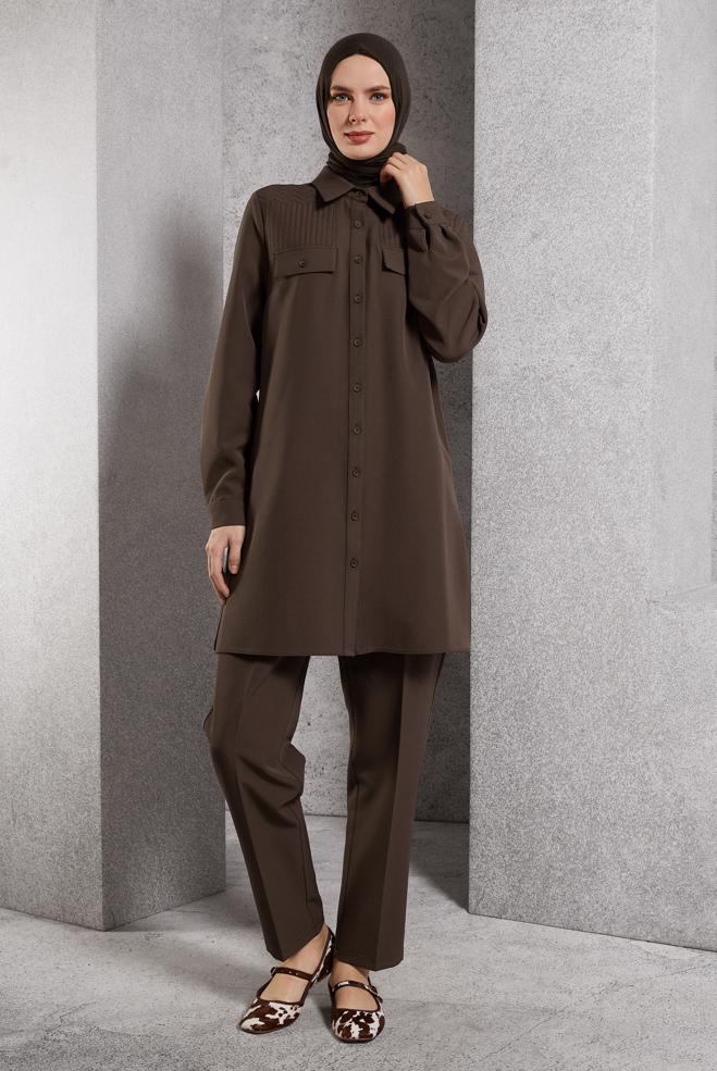 Vêtements hijab BRUN COSTUME PANTALON COL CHEMISE 45117 - ALVİNA