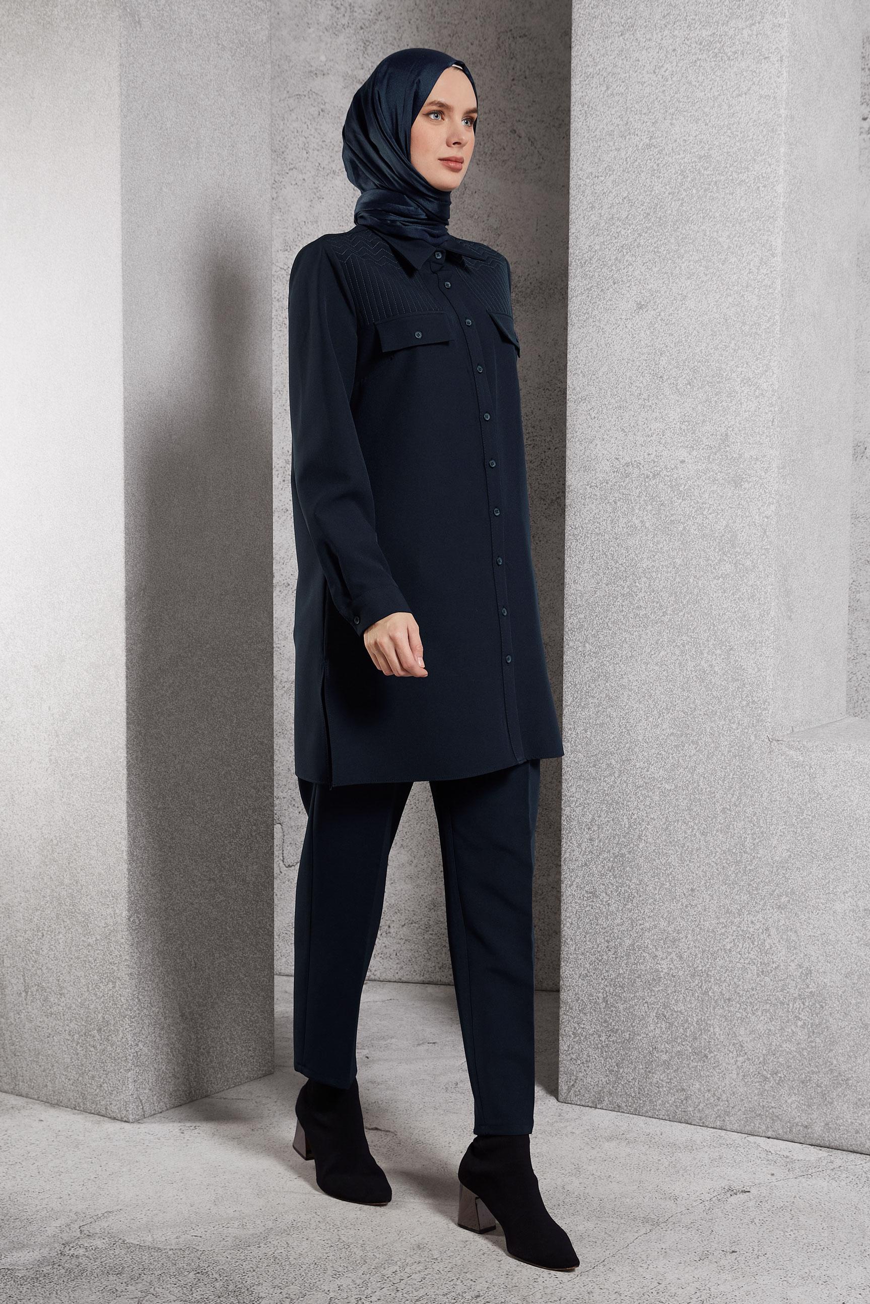 Tesettür giyim LACİVERT GÖMLEK YAKA PANTOLONLU TAKIM 45117