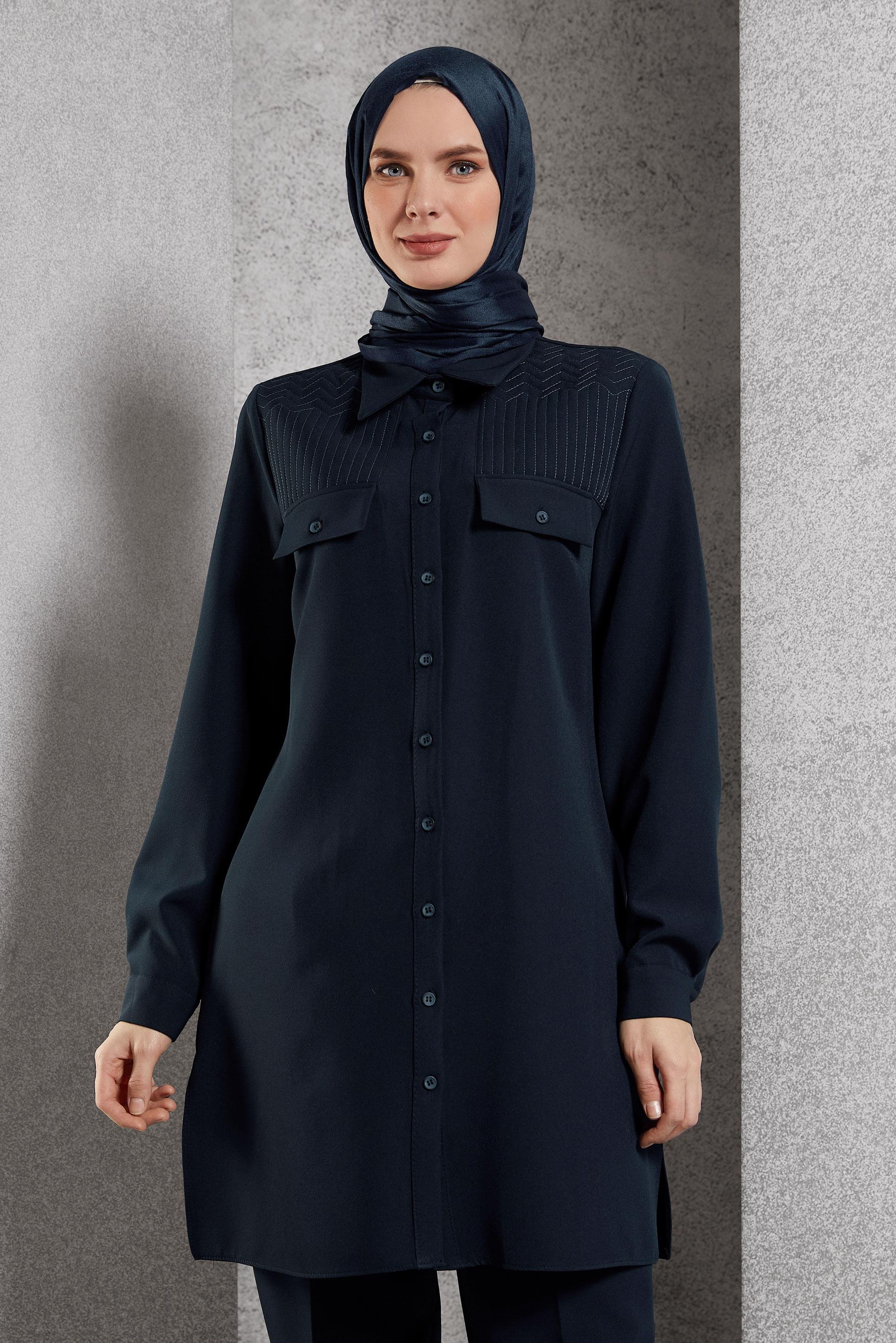 Tesettür giyim LACİVERT GÖMLEK YAKA PANTOLONLU TAKIM 45117