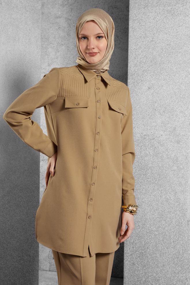 Hijab clothing BROWN SHIRT COLLAR PANTS SUIT 45117 - ALVİNA