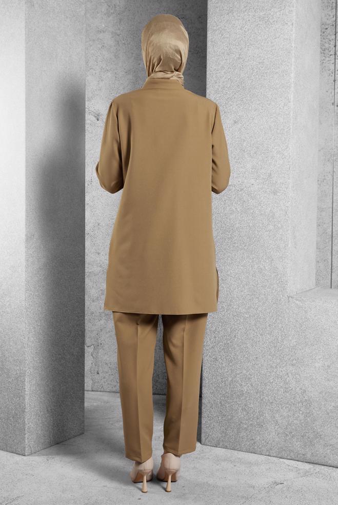 Hijab clothing BROWN SHIRT COLLAR PANTS SUIT 45117 - ALVİNA