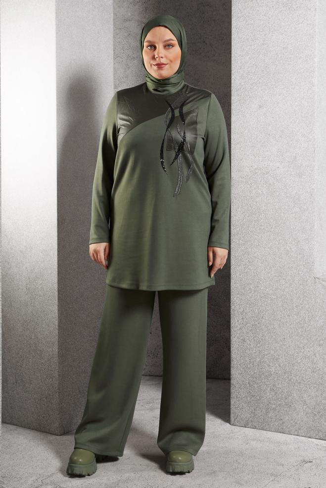Hijab clothing KHAKI PLUS SIZE PANTS SUIT 45118 - ALVİNA