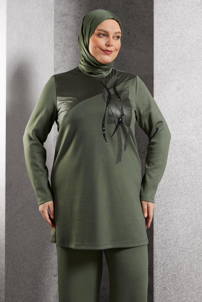 Hijab clothing KHAKI PLUS SIZE PANTS SUIT 45118 - ALVİNA