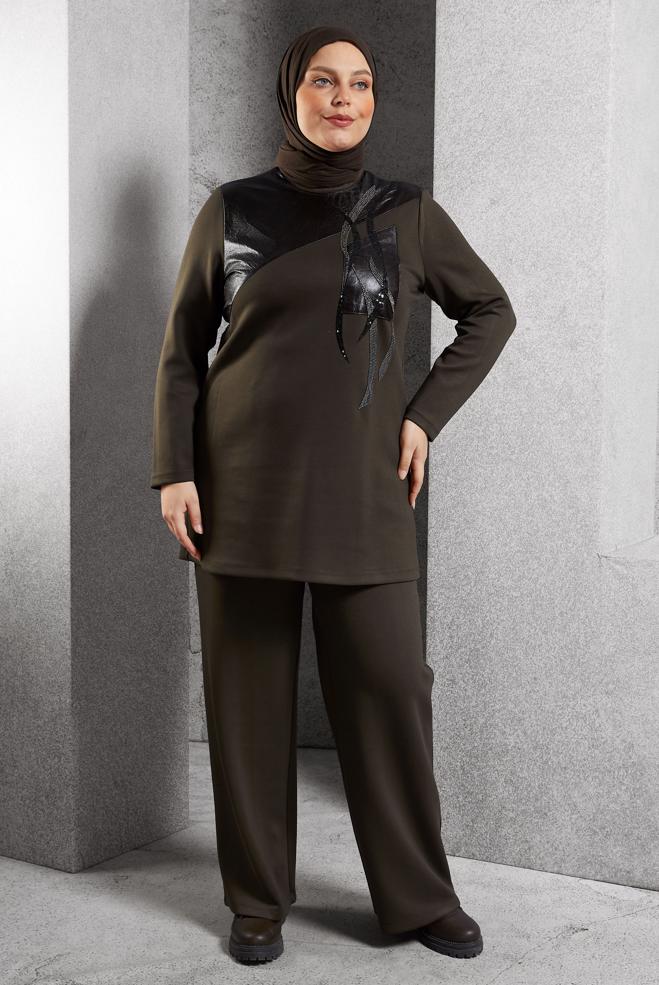 Hijab clothing BROWN PLUS SIZE PANTS SUIT 45118 - ALVİNA