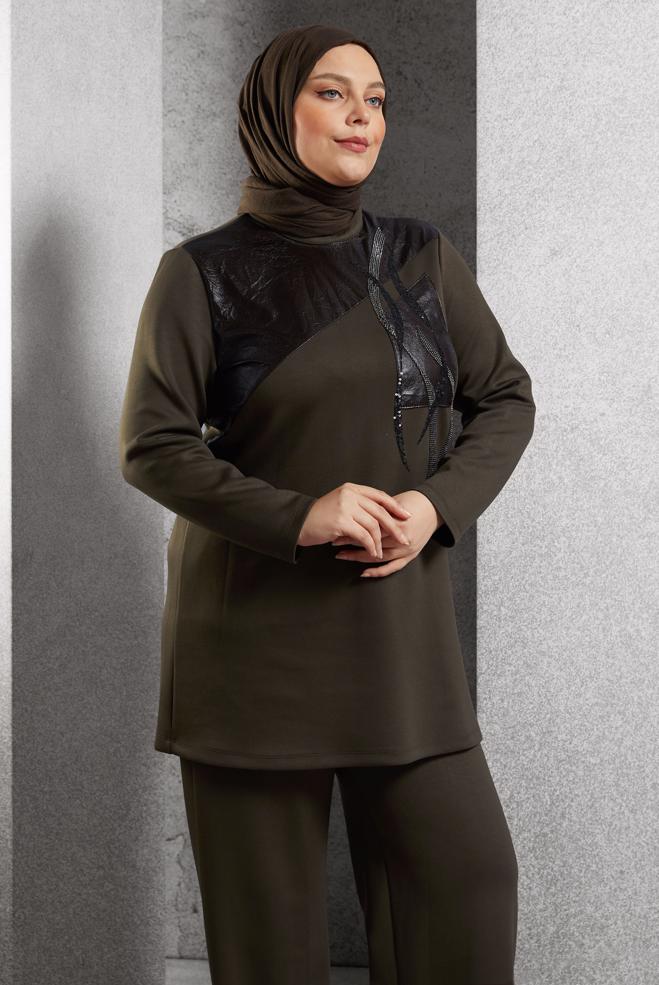 Hijab clothing BROWN PLUS SIZE PANTS SUIT 45118 - ALVİNA