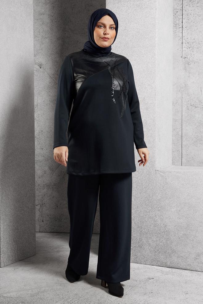 Hijab clothing NAVY BLUE PLUS SIZE PANTS SUIT 45118 - ALVİNA