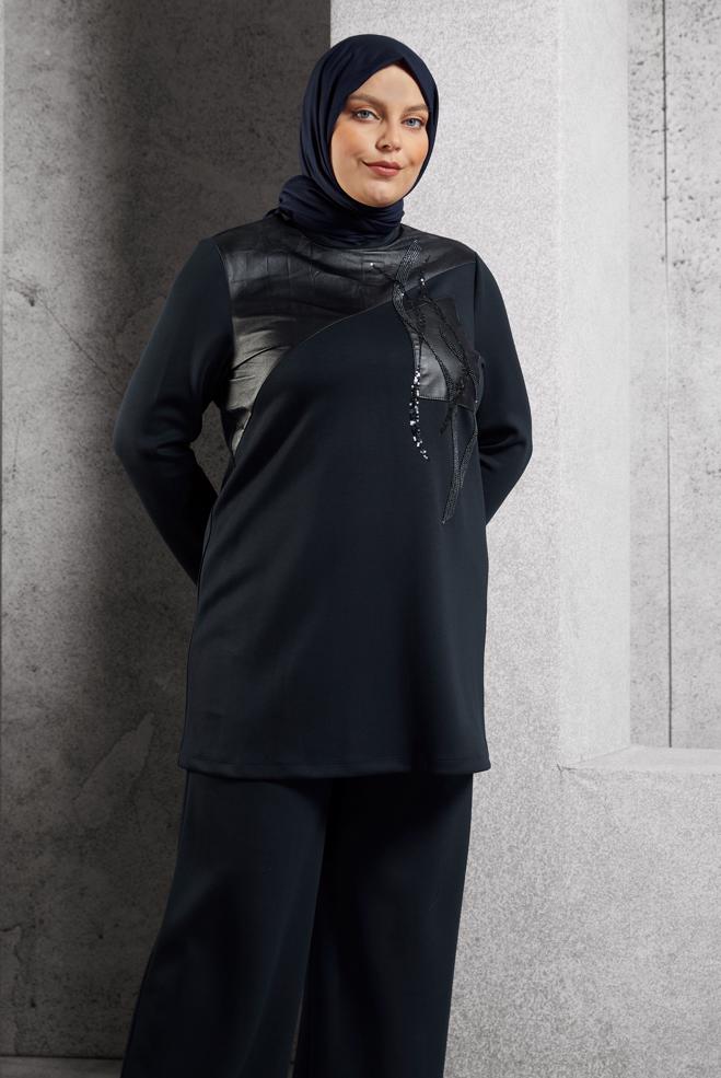 Hijab clothing NAVY BLUE PLUS SIZE PANTS SUIT 45118 - ALVİNA