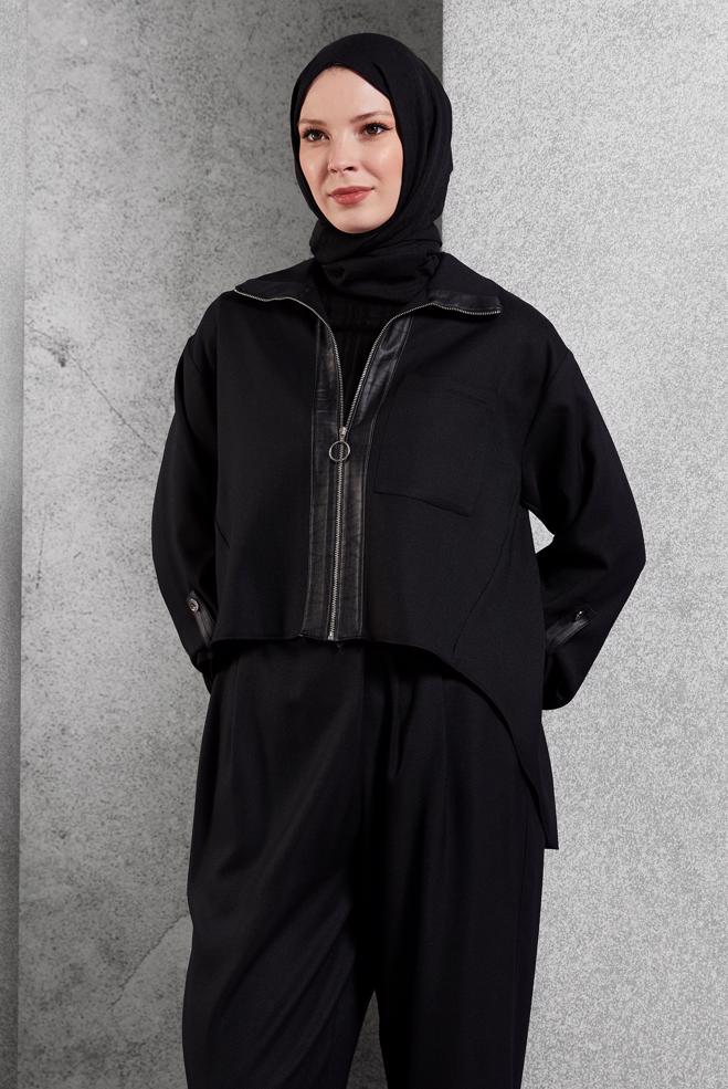 Tesettür giyim SİYAH KETEN DOKULU PANTOLONLU TAKIM 45119	 - ALVİNA