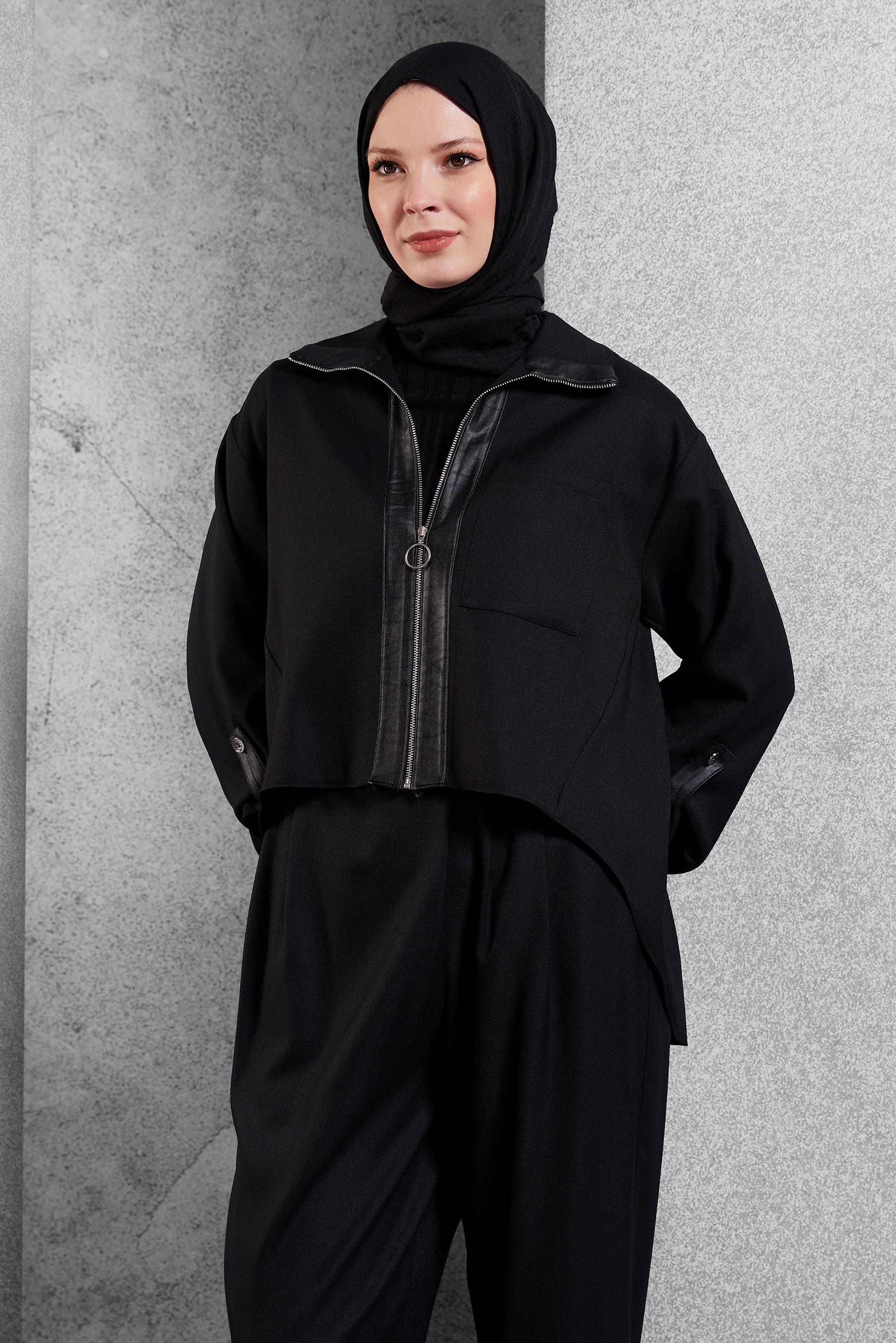 Tesettür giyim SİYAH KETEN DOKULU PANTOLONLU TAKIM 45119	