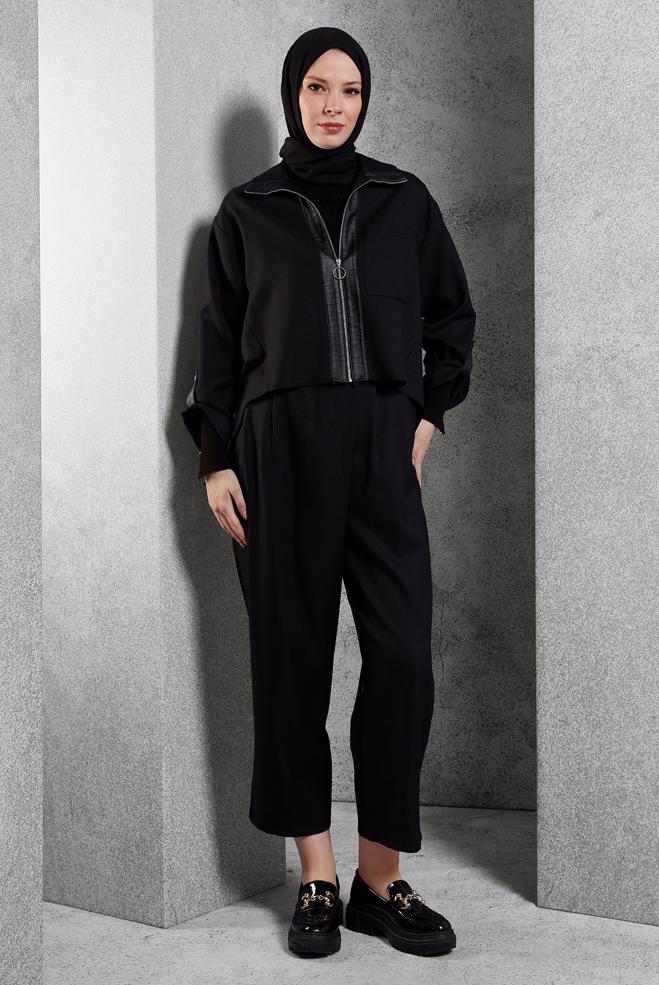 Tesettür giyim SİYAH KETEN DOKULU PANTOLONLU TAKIM 45119	 - ALVİNA