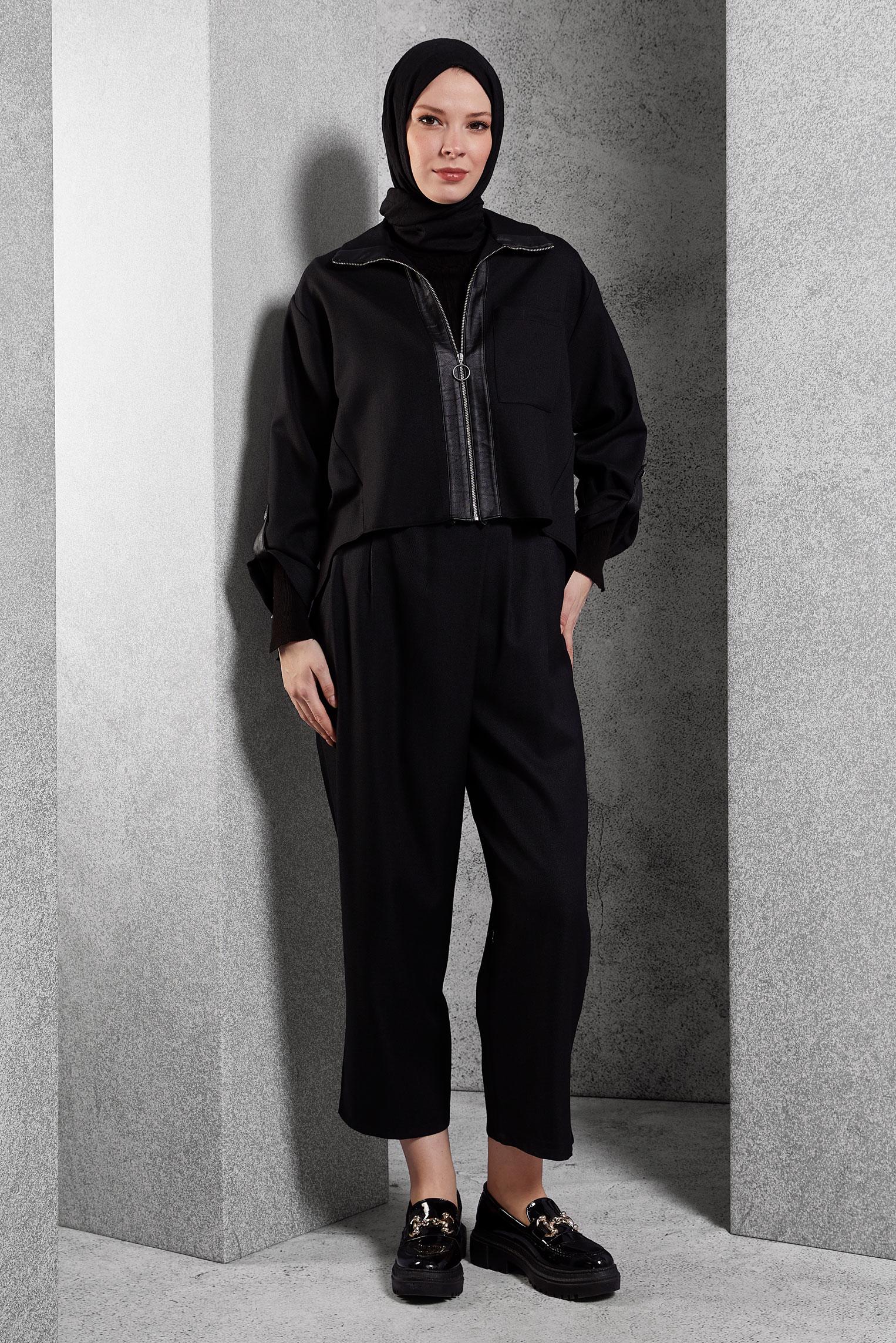 Tesettür giyim SİYAH KETEN DOKULU PANTOLONLU TAKIM 45119	