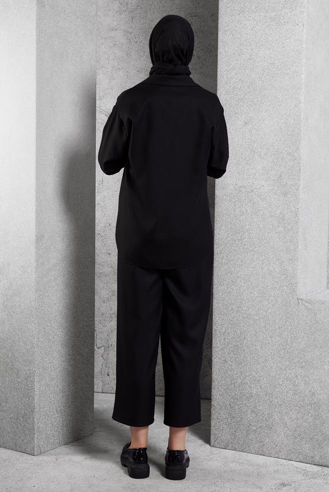 Tesettür giyim SİYAH KETEN DOKULU PANTOLONLU TAKIM 45119	 - ALVİNA