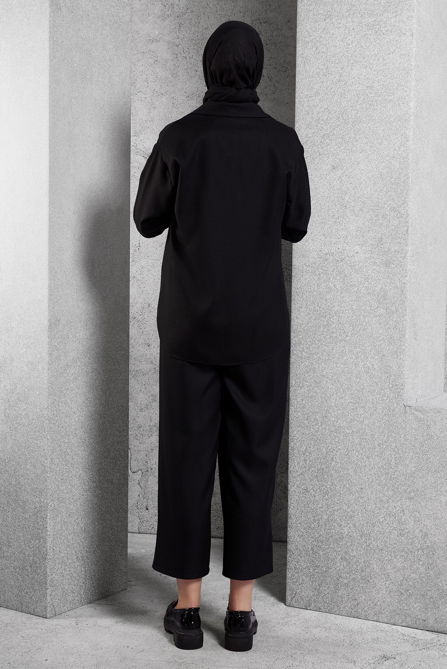 Tesettür giyim SİYAH KETEN DOKULU PANTOLONLU TAKIM 45119	