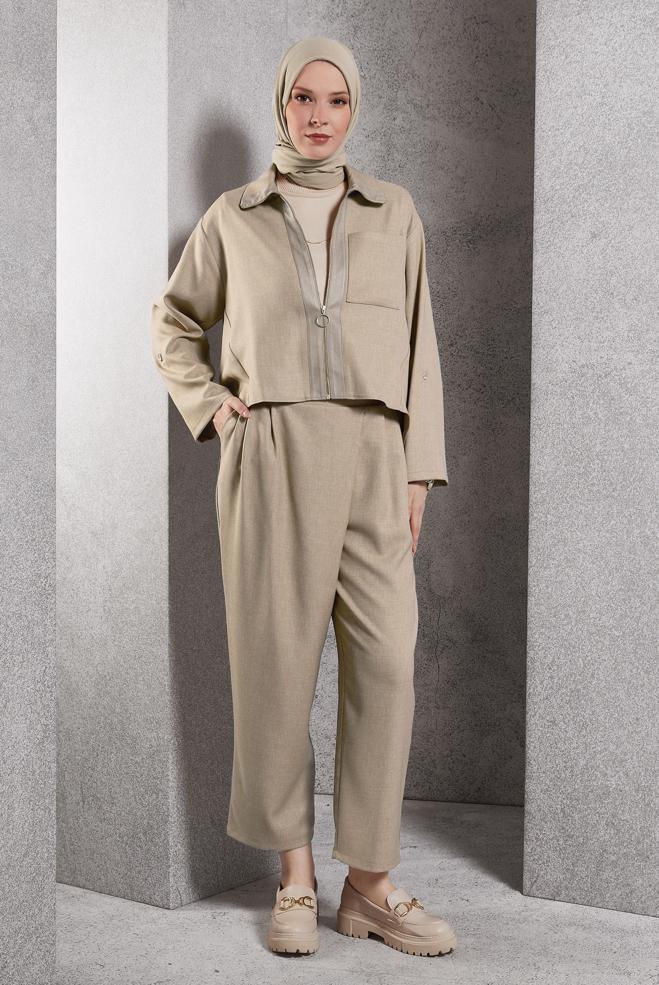 Tesettür giyim BEJ KETEN DOKULU PANTOLONLU TAKIM 45119	 - ALVİNA