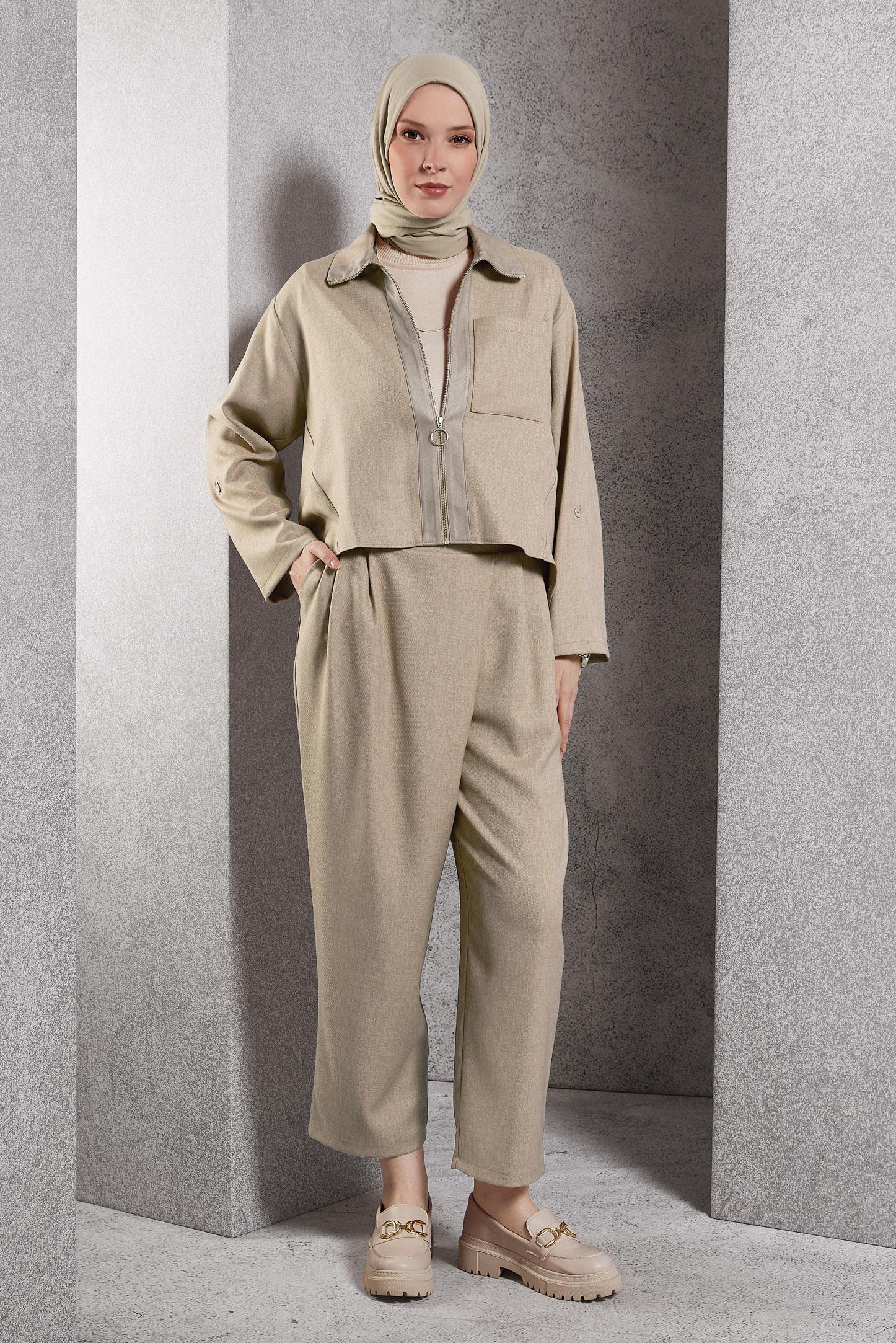 Tesettür giyim BEJ KETEN DOKULU PANTOLONLU TAKIM 45119	