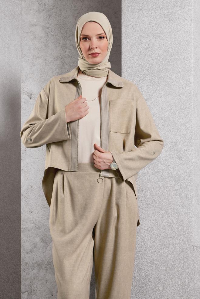 Tesettür giyim BEJ KETEN DOKULU PANTOLONLU TAKIM 45119	 - ALVİNA