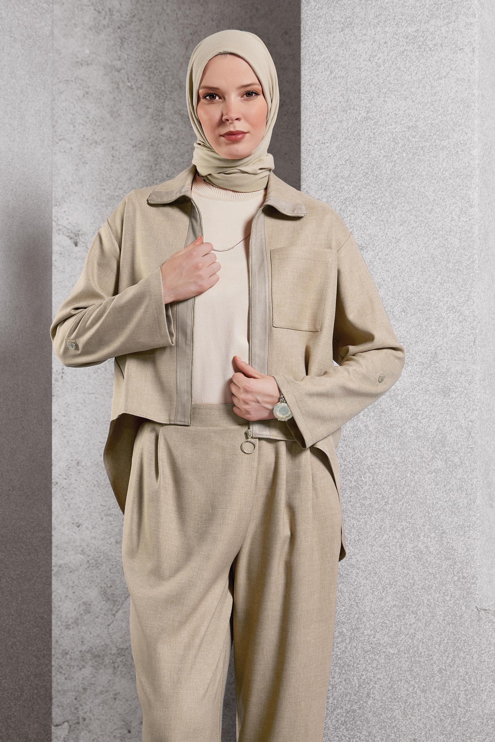 Tesettür giyim BEJ KETEN DOKULU PANTOLONLU TAKIM 45119	