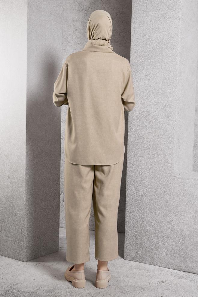 Tesettür giyim BEJ KETEN DOKULU PANTOLONLU TAKIM 45119	 - ALVİNA