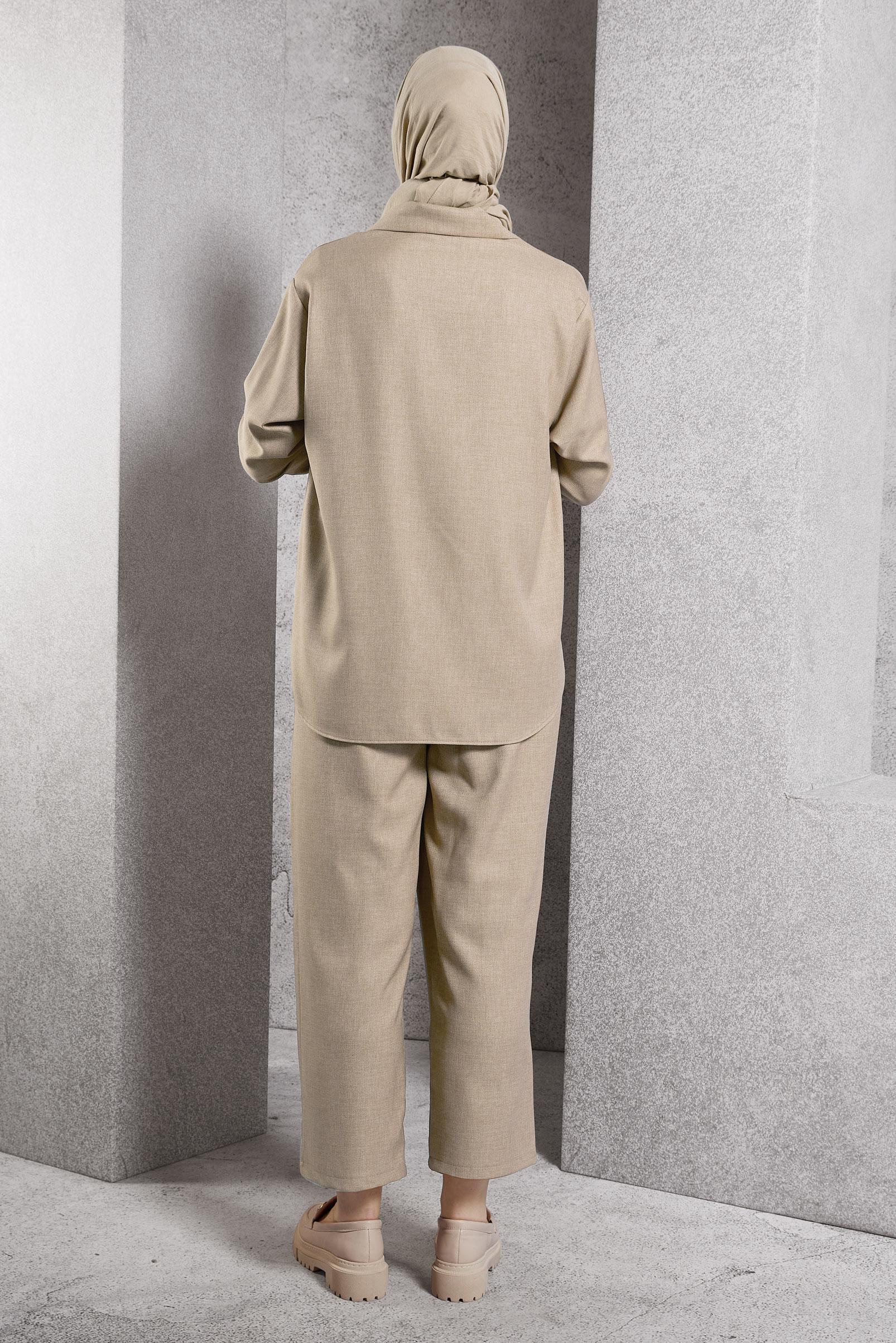 Tesettür giyim BEJ KETEN DOKULU PANTOLONLU TAKIM 45119	