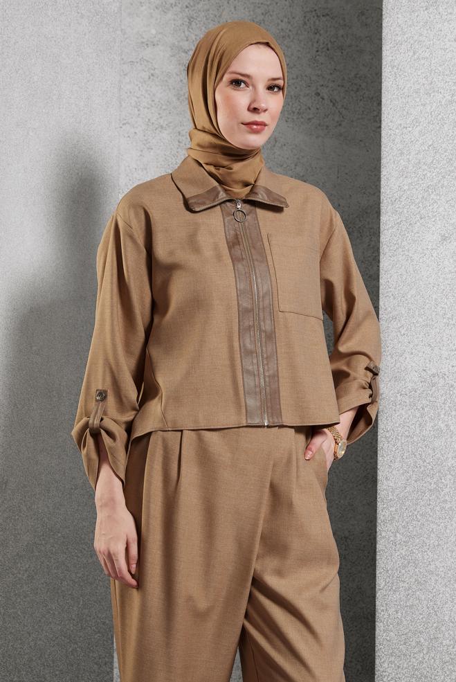 Tesettür giyim KAHVE KETEN DOKULU PANTOLONLU TAKIM 45119	 - ALVİNA