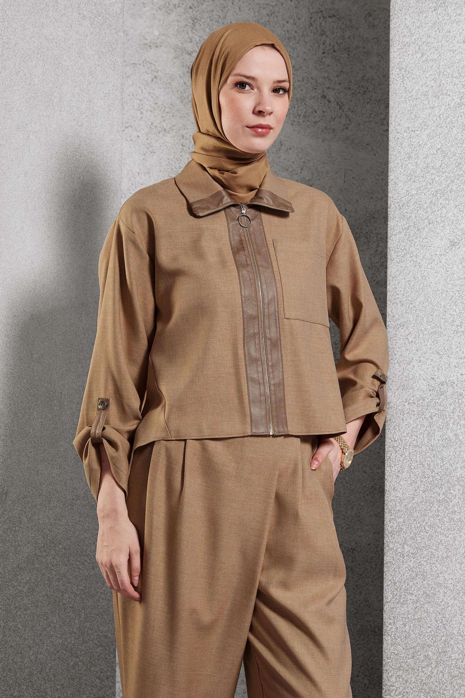 Tesettür giyim KAHVE KETEN DOKULU PANTOLONLU TAKIM 45119	