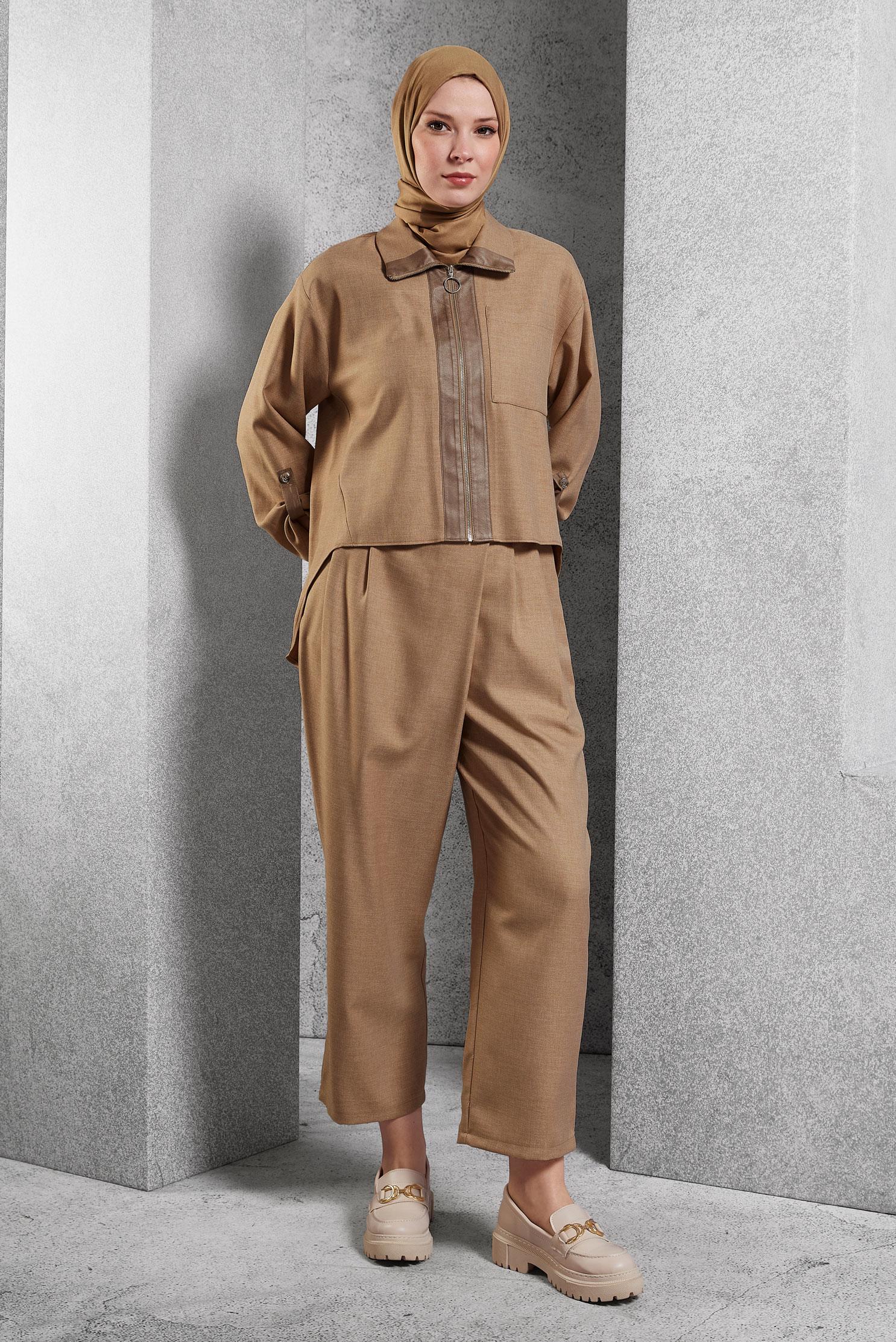 Tesettür giyim KAHVE KETEN DOKULU PANTOLONLU TAKIM 45119	