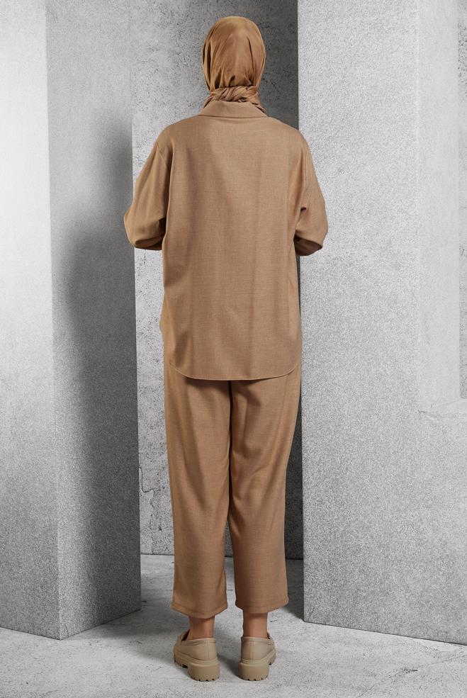Tesettür giyim KAHVE KETEN DOKULU PANTOLONLU TAKIM 45119	 - ALVİNA