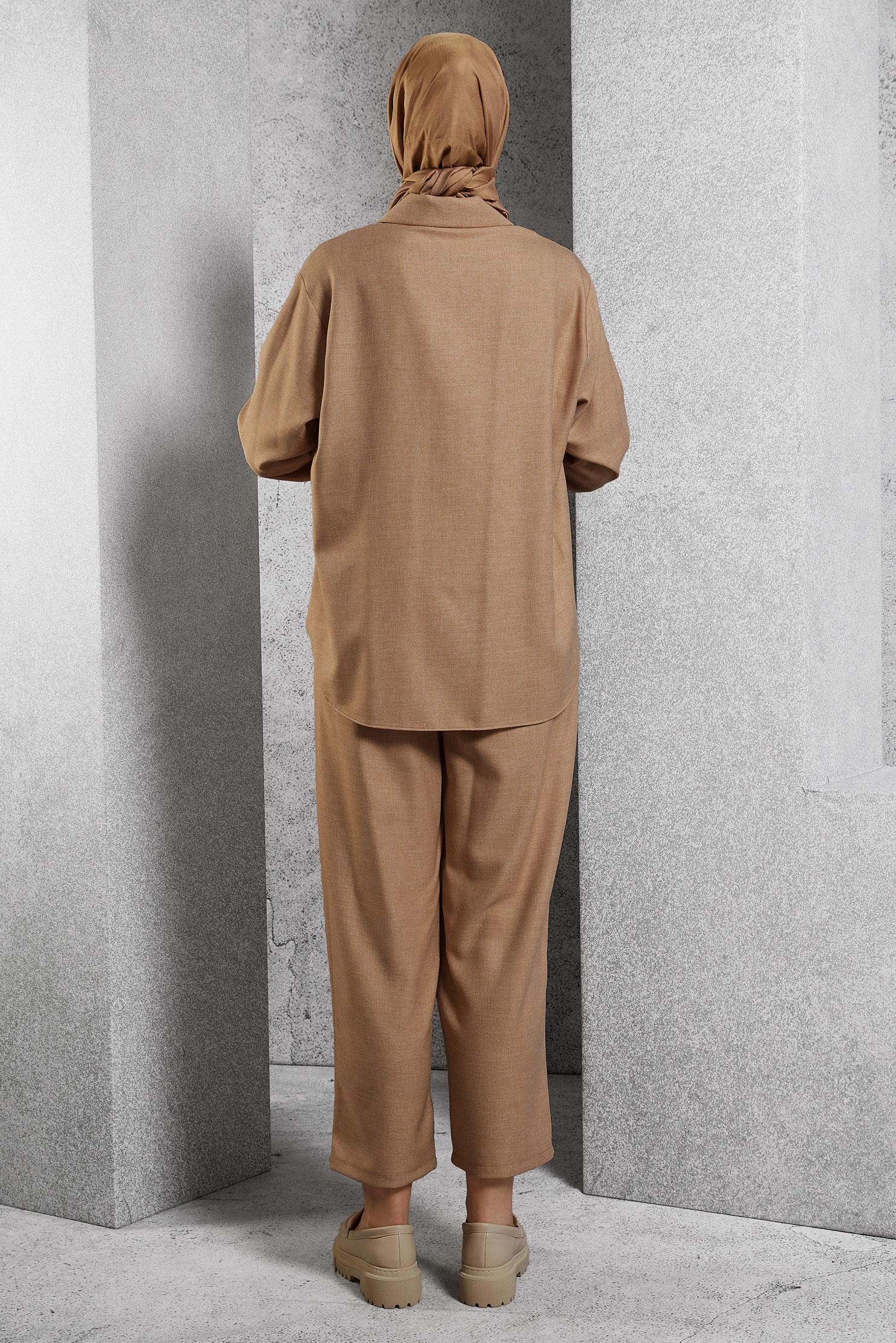 Tesettür giyim KAHVE KETEN DOKULU PANTOLONLU TAKIM 45119	