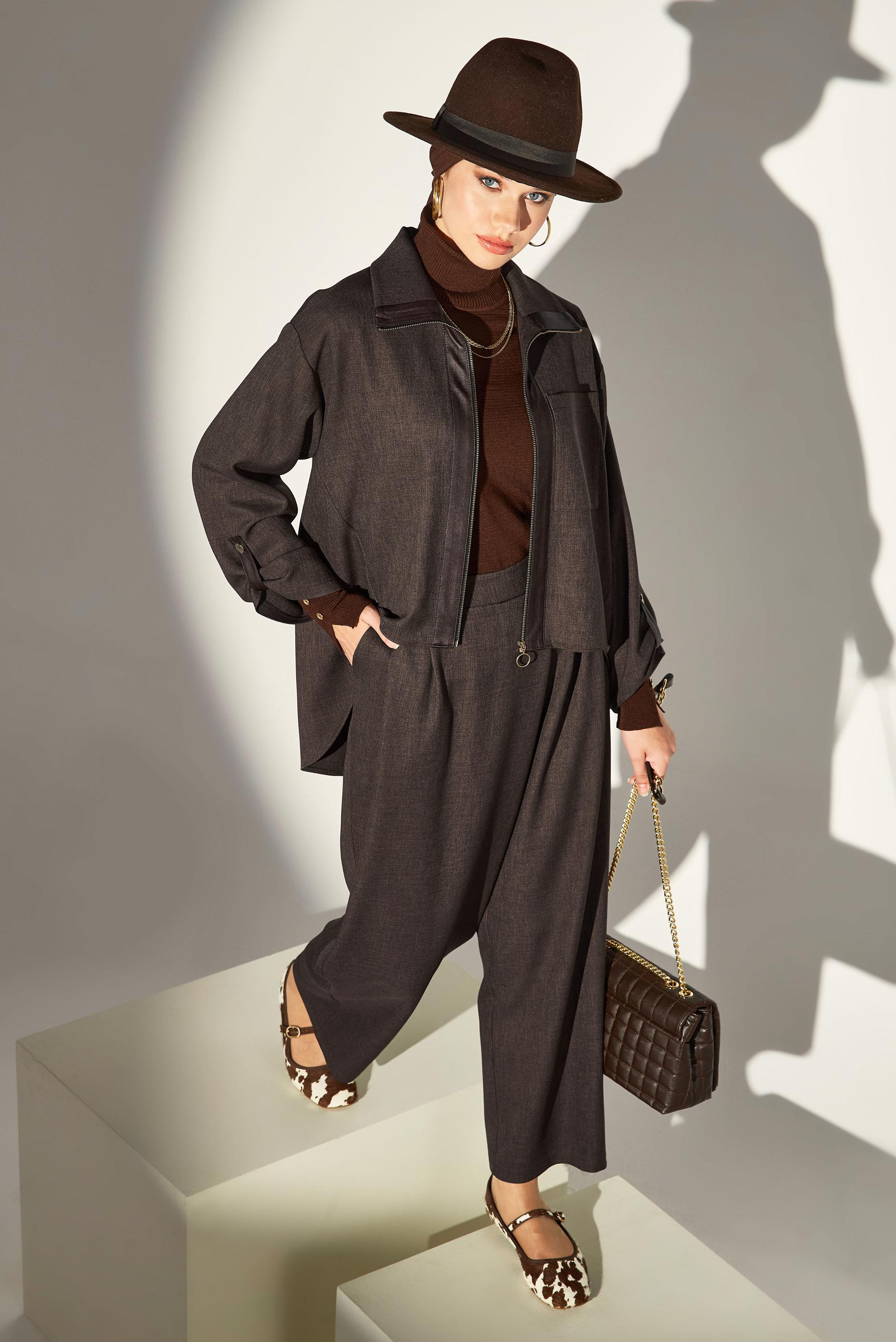 Hijab clothing BROWN LINEN TEXTURED PANTS SUIT 45119