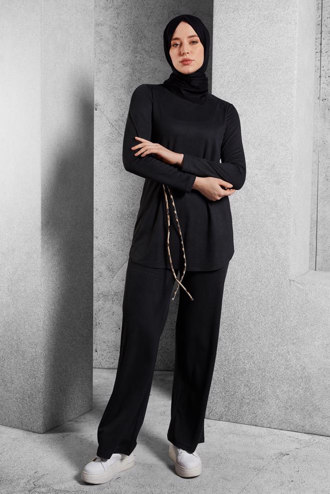 Hijab clothing BLACK TIED PANTS SUIT 45136 - ALVİNA