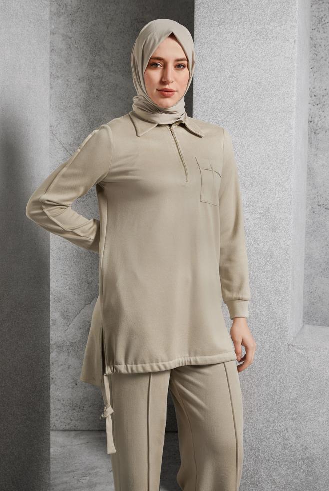 Hijab clothing BEIGE SUEDE PANTS SUIT 45143 - ALVİNA