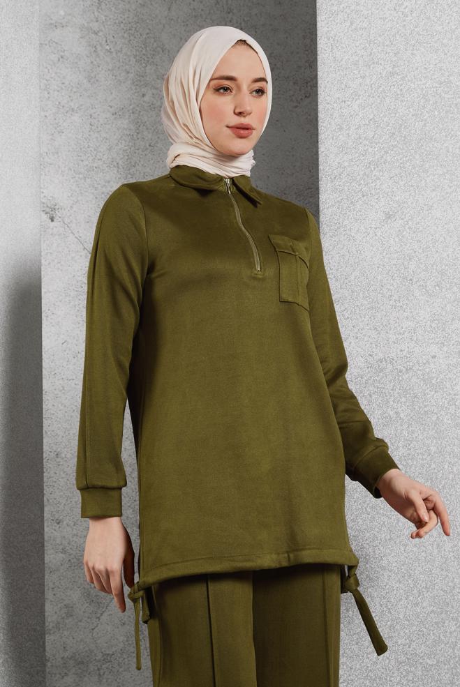 Hijab clothing GREEN SUEDE PANTS SUIT 45143 - ALVİNA
