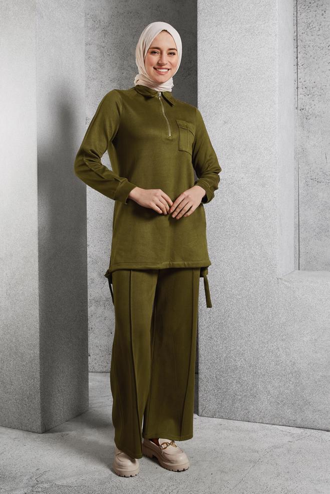 Hijab clothing GREEN SUEDE PANTS SUIT 45143 - ALVİNA