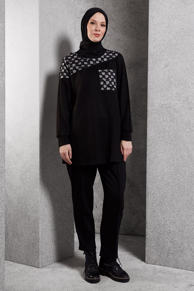 Tesettür giyim SİYAH DESENLİ PANTOLONLU TAKIM 45158 - ALVİNA