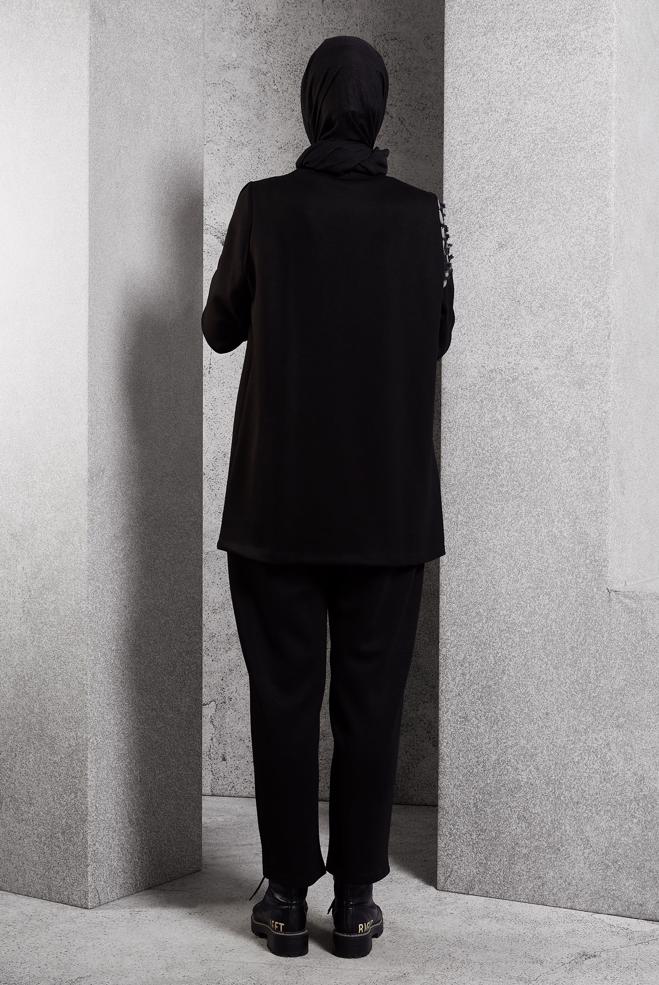 Tesettür giyim SİYAH DESENLİ PANTOLONLU TAKIM 45158 - ALVİNA